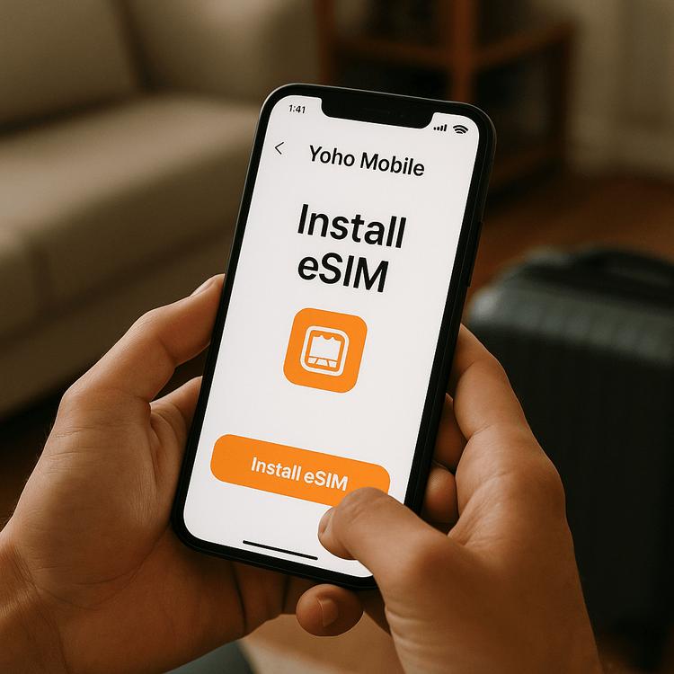 A traveler easily installing a Yoho Mobile eSIM on their smartphone before an international trip.