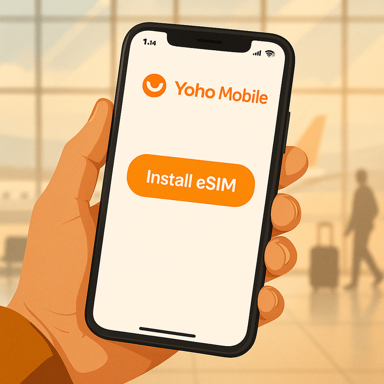 Simplified one-tap eSIM installation process on an iPhone with the Yoho Mobile app.