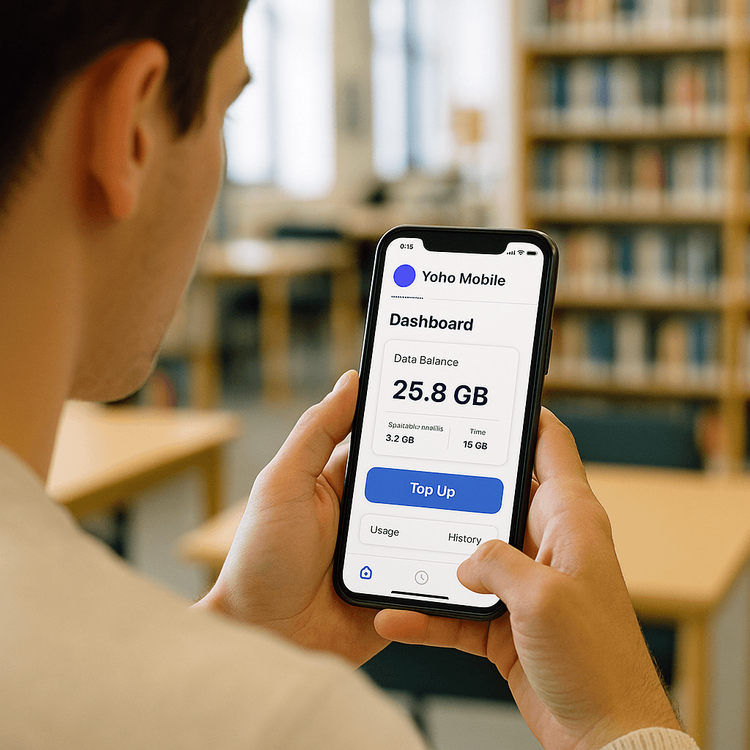 Student manually topping up their Yoho Mobile eSIM data plan on their smartphone.