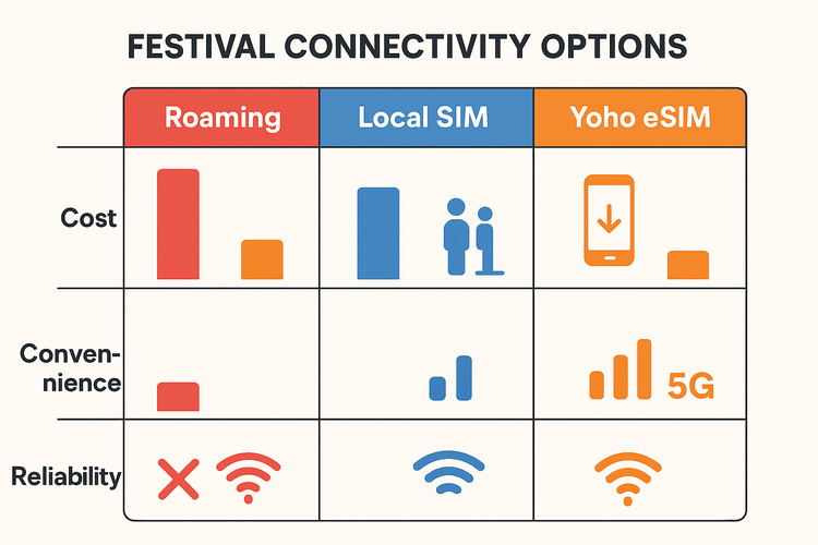 A comparison chart showing that Yoho eSIM is more cost-effective, convenient, and reliable for festival connectivity than international roaming or local SIM cards.