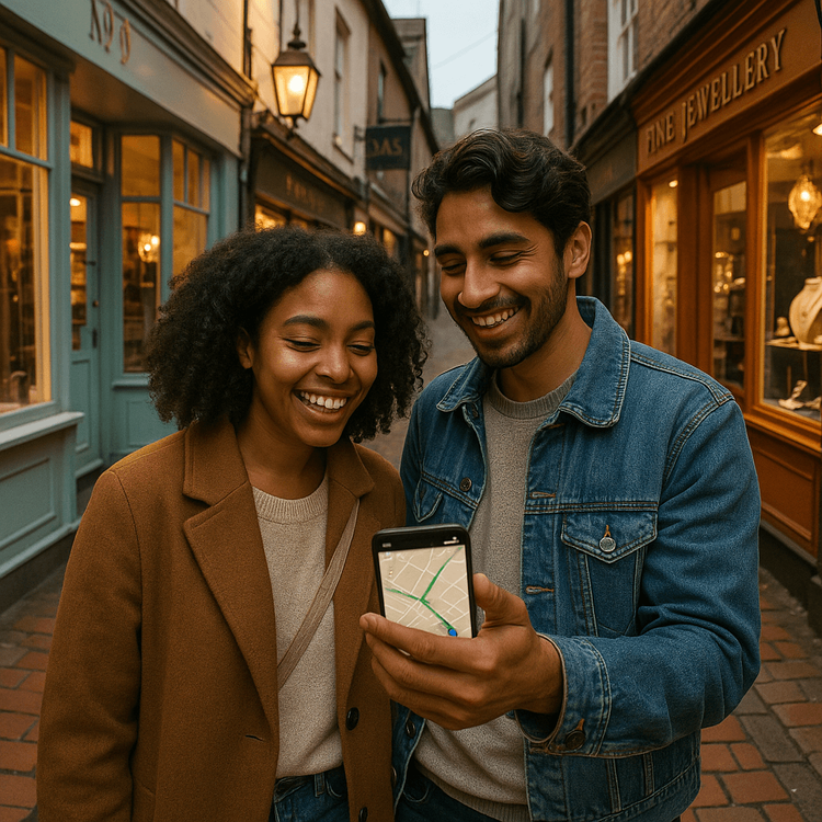 A couple happily using a smartphone for navigation while exploring the narrow streets of The Lanes in Brighton.