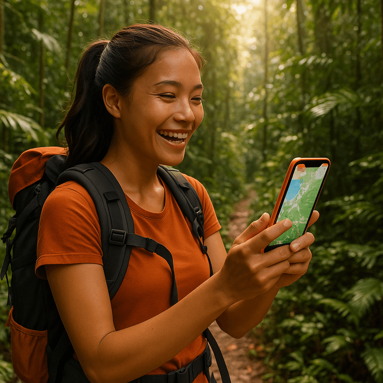 A traveler happily using her Yoho Mobile eSIM for navigation in the Sarawak rainforest.