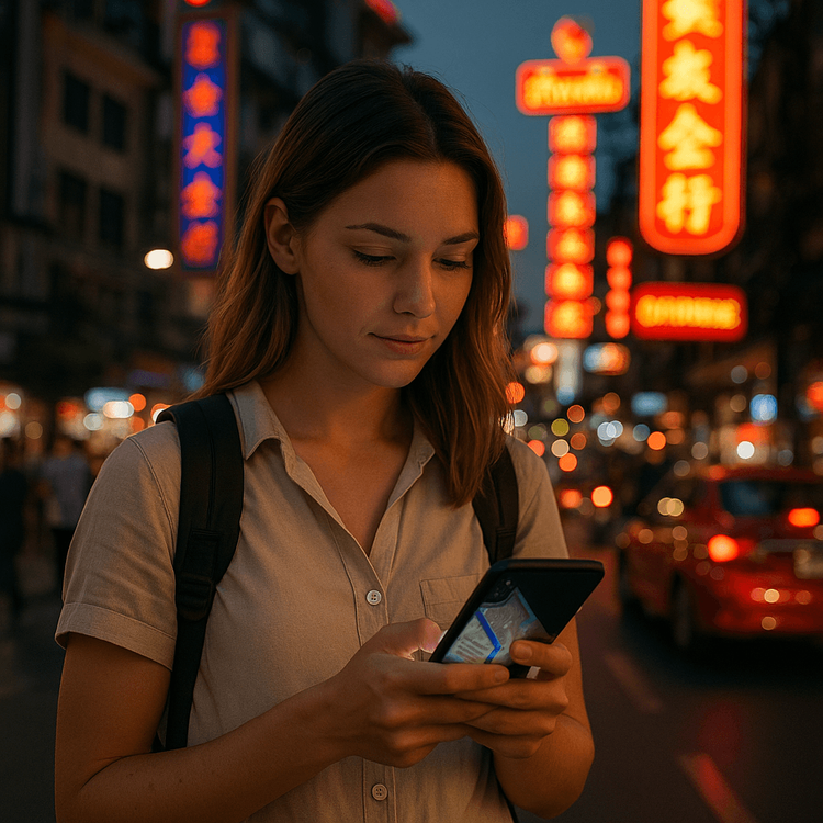 A tourist confidently navigates a busy Bangkok street at night using a map on her smartphone, powered by a travel eSIM.