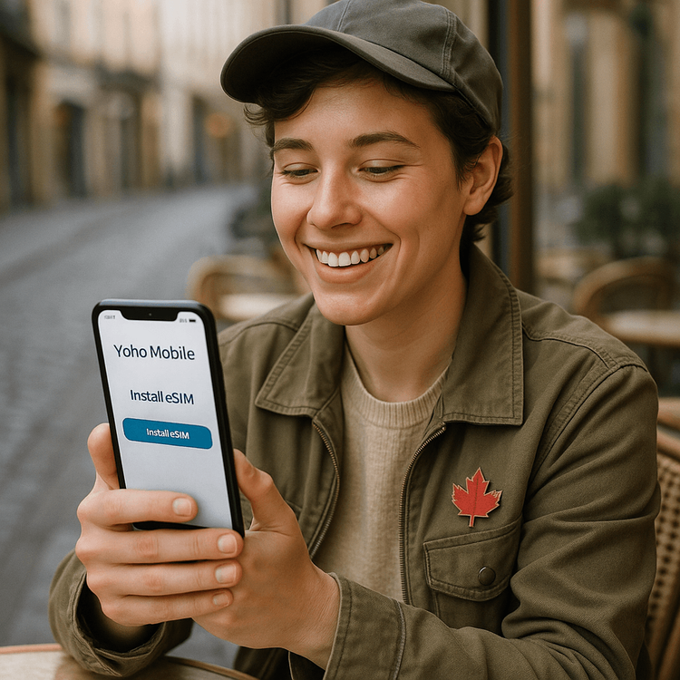 A Canadian traveler easily installing a Yoho Mobile eSIM on their smartphone while enjoying a coffee in Europe, highlighting the convenience of modern travel connectivity.