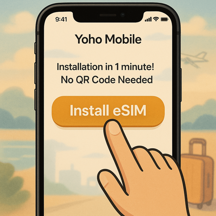 Illustration showing the simple one-tap eSIM installation process for Yoho Mobile on an iPhone, with no QR code required.