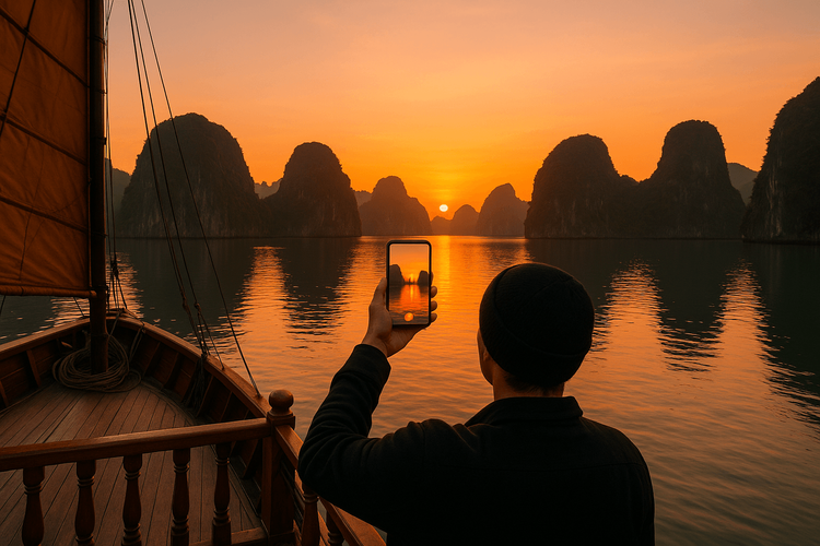 A tourist on a boat in Ha Long Bay, Vietnam, using a phone with a reliable eSIM to share a sunrise photo.
