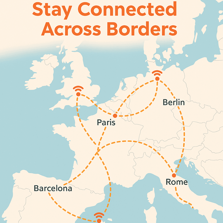 An infographic map showing seamless Yoho Mobile eSIM coverage on popular European train routes for Interrail and Eurail.