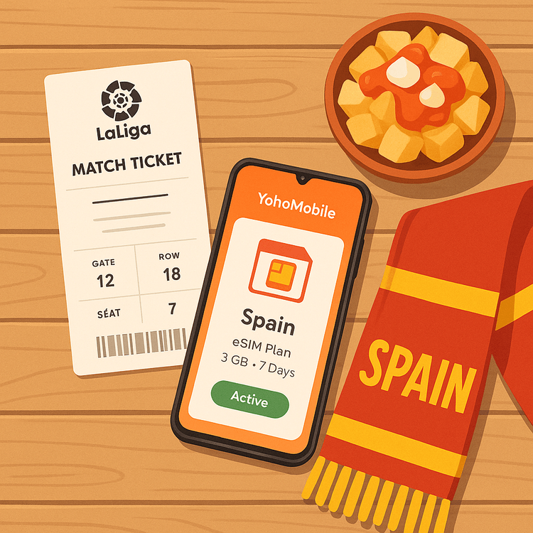 A collection of essentials for a football match in Spain: a ticket, smartphone with Yoho Mobile eSIM, team scarf, and tapas.