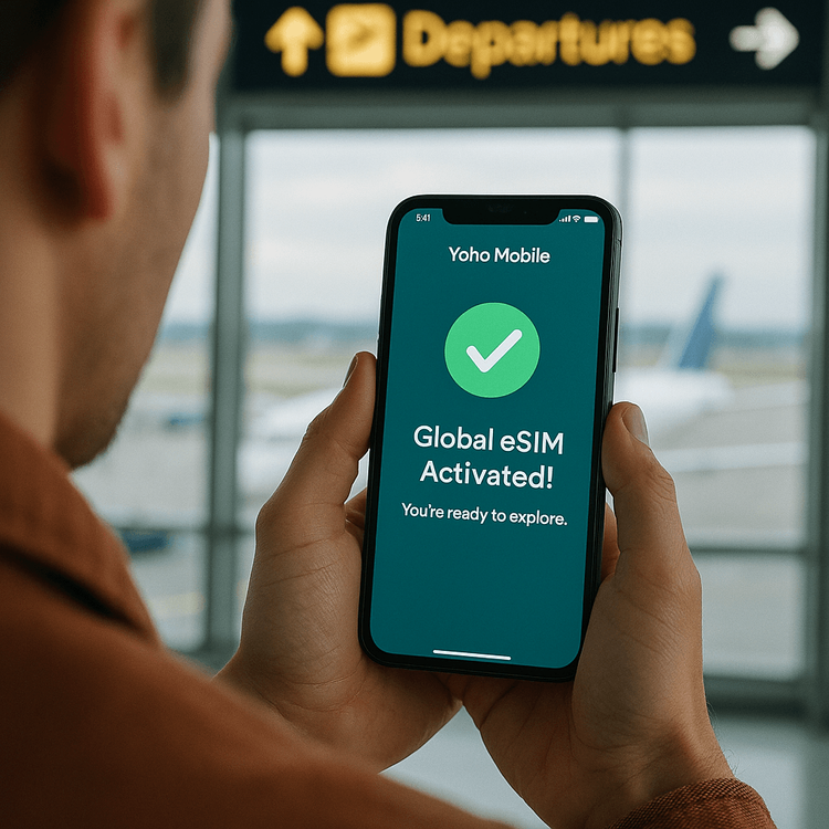 A traveler activating their Yoho Mobile global eSIM on their smartphone before their flight at an airport.
