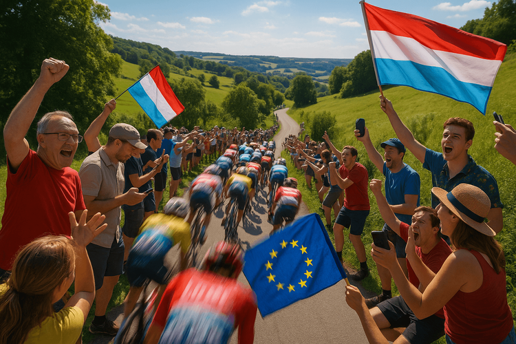 Excited fans cheering for cyclists during a stage of the Tour du Luxembourg.
