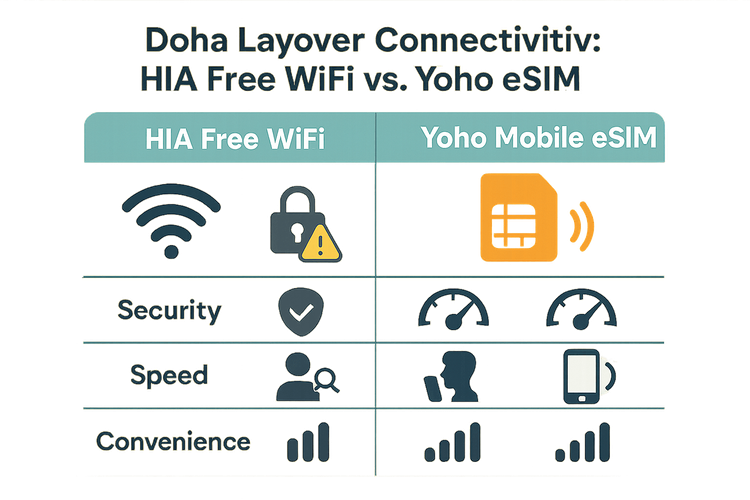 A comparison chart showing the benefits of Yoho Mobile eSIM over free airport WiFi at Doha's HIA for security, speed, convenience, and reliability.