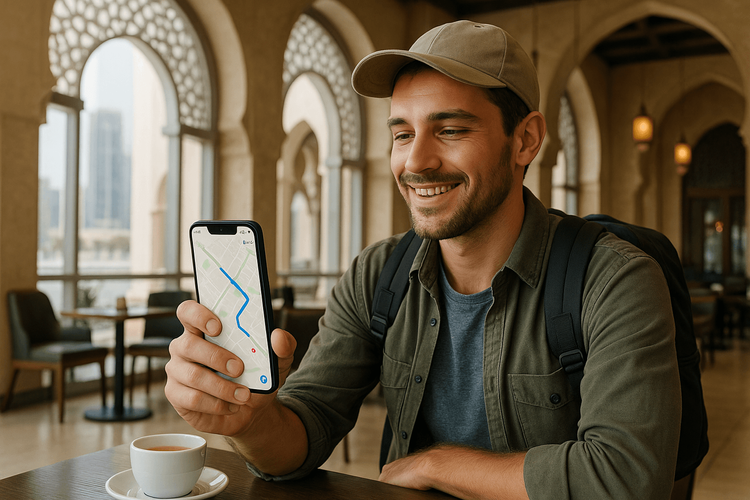 A traveler using a Yoho Mobile eSIM for navigation on his smartphone in a modern café in Doha, Qatar.