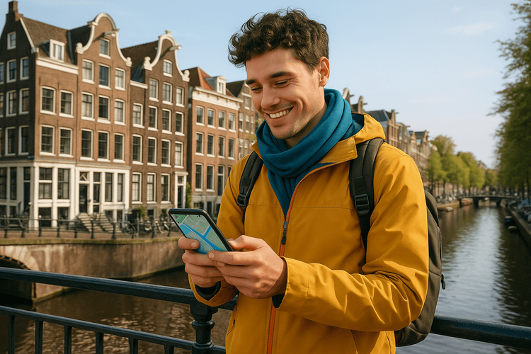 A traveler uses their phone for navigation with a reliable eSIM while exploring the canals of Amsterdam.