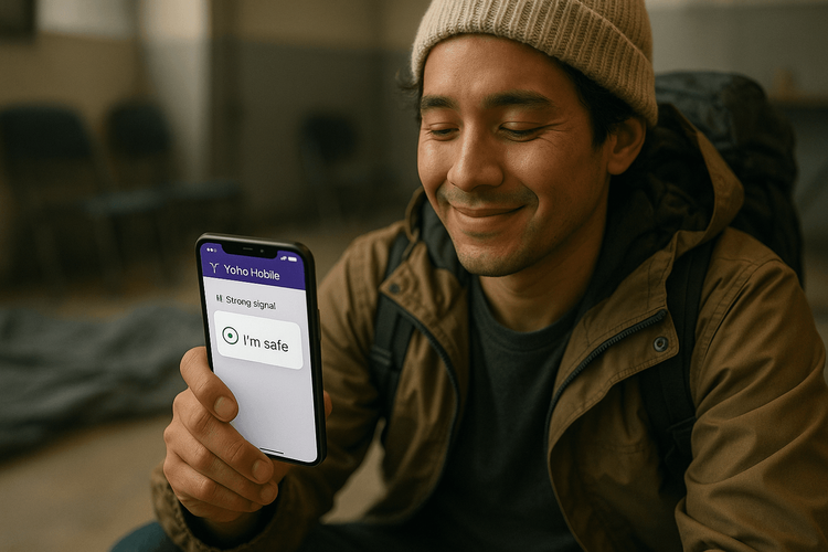 A traveler uses their Yoho Mobile eSIM on their smartphone to confirm their safety during an emergency.