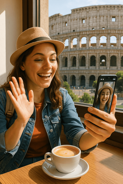 A traveler happily making a video call in Italy using her phone, demonstrating the ease of staying connected with Yoho Mobile.