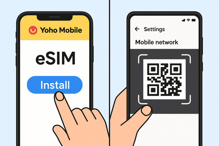 A visual guide showing the simple eSIM installation process for both iOS and Android devices with Yoho Mobile.