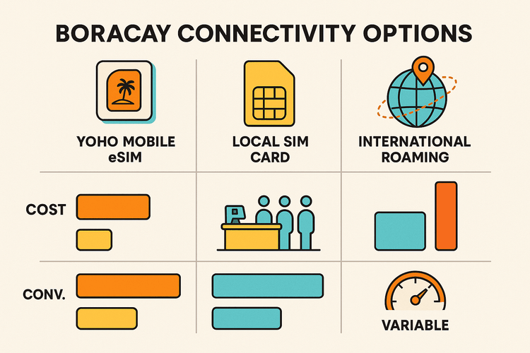 Comparison chart showing the benefits of a Yoho Mobile eSIM for Boracay over local SIM cards and international roaming in terms of cost, convenience, and speed.