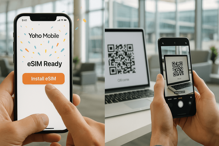 A user installing a Yoho Mobile eSIM on an iPhone with one tap and another user installing via QR code on an Android device.