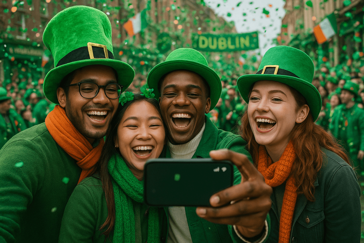 Travelers enjoying seamless connectivity with their Yoho Mobile eSIM at the St. Patrick's Day parade in Dublin.