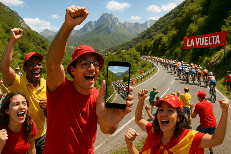 Excited cycling fans cheering on the peloton during a mountain stage of La Vuelta a España in Spain.