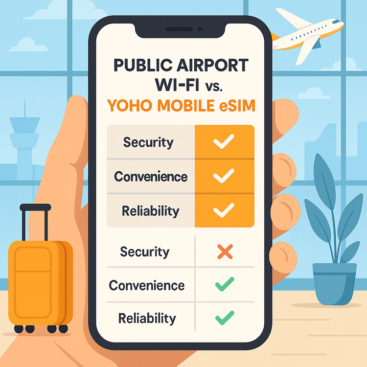 Infographic comparing the security, convenience, and reliability of Yoho Mobile eSIM versus public airport Wi-Fi.
