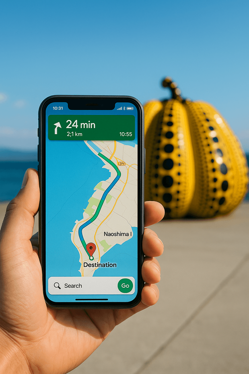 A traveler navigates to an art installation on Naoshima using their phone, powered by a reliable eSIM data plan.