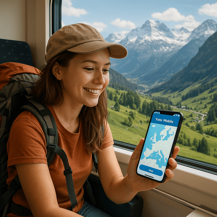 A backpacker using a Yoho Mobile eSIM on a scenic train journey through the Swiss Alps.