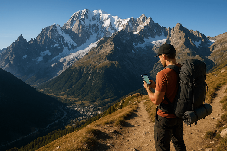 A hiker with a phone overlooking the stunning Mont Blanc massif from a trail above Courmayeur, Italy.
