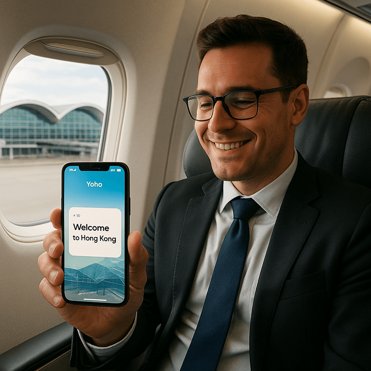A traveler smiling as their Yoho Mobile eSIM connects instantly upon landing at Hong Kong airport on a Cathay Pacific flight.