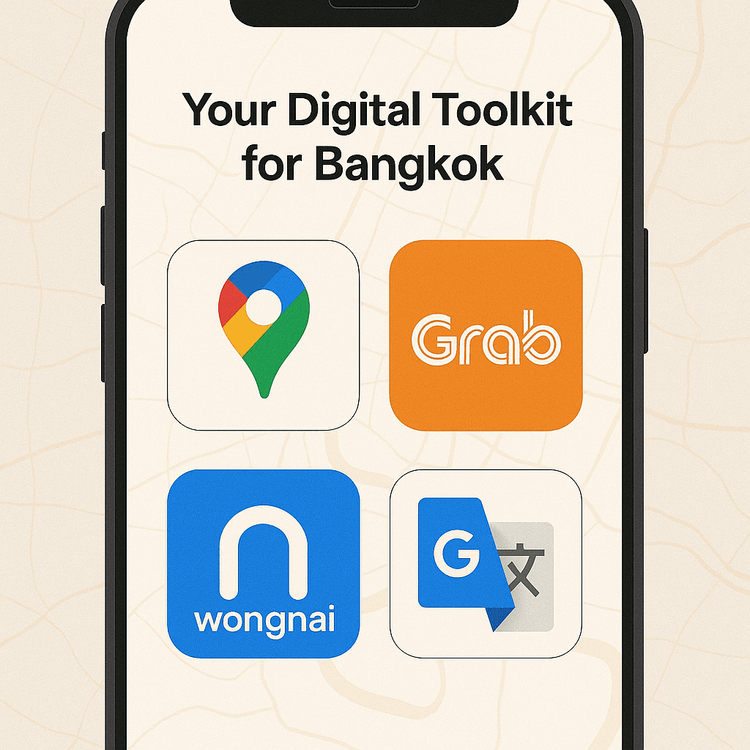 An illustration of essential travel apps for a Bangkok food tour, including maps and review apps.