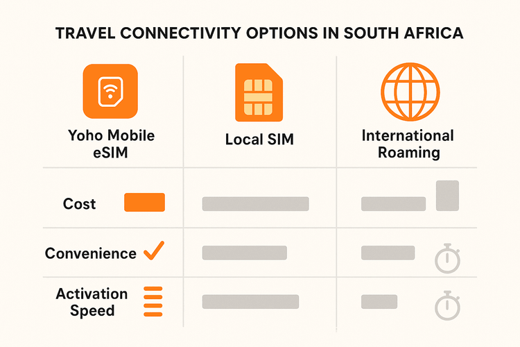 A comparison chart showing that Yoho Mobile eSIM is more cost-effective and convenient than local SIM cards or international roaming for travel in South Africa.