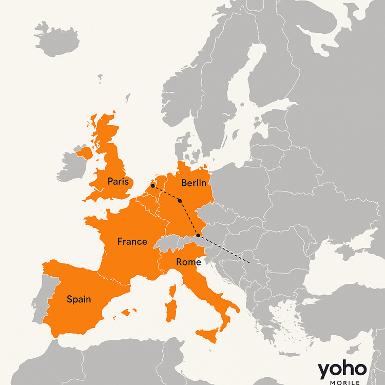 A map of Europe highlighting the countries covered by Yoho Mobile's regional eSIM data plan.
