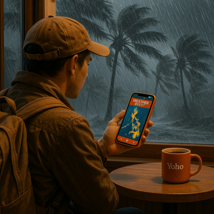 A traveler stays informed and safe on their smartphone inside a cafe during a typhoon in the Philippines.