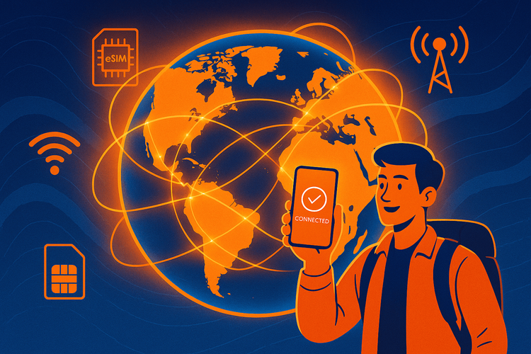 The ultimate guide to international internet options for 2026, showing a globe with data connections.
