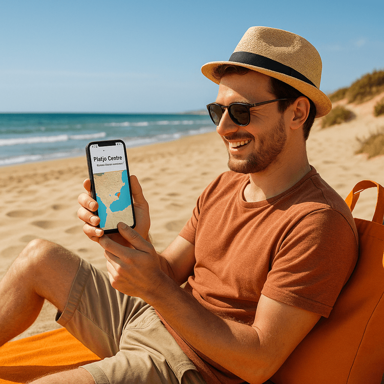 A traveler enjoying seamless connectivity with a Yoho Mobile eSIM on a beach in Guardamar, Costa Blanca.