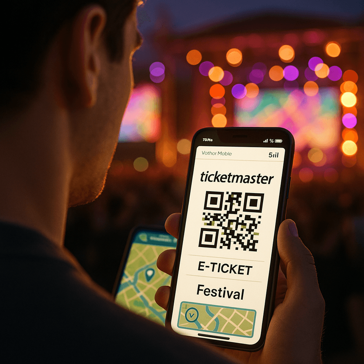 A fan at a concert holds a phone showing their Yoho Mobile eSIM connection, Ticketmaster e-ticket, and festival map, ready for the event.