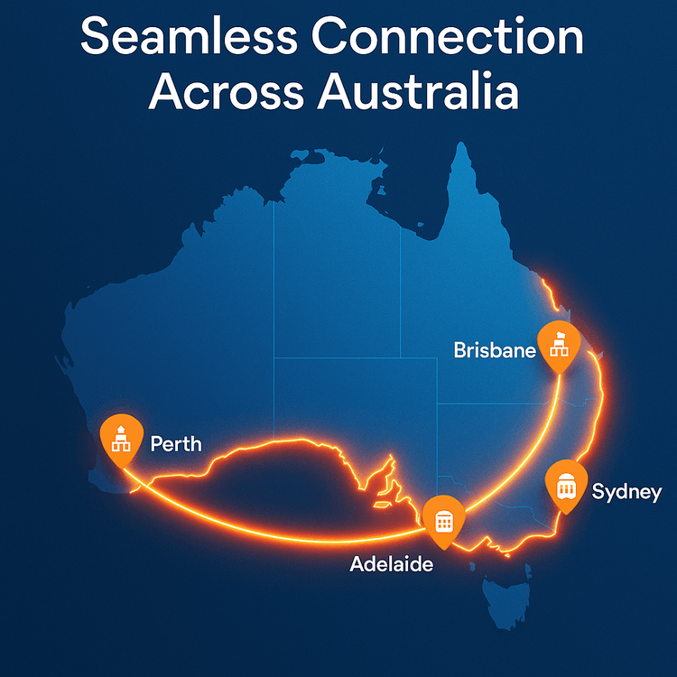 Map of Australia showing Ashes host cities connected by a glowing line, representing Yoho Mobile's seamless eSIM coverage.