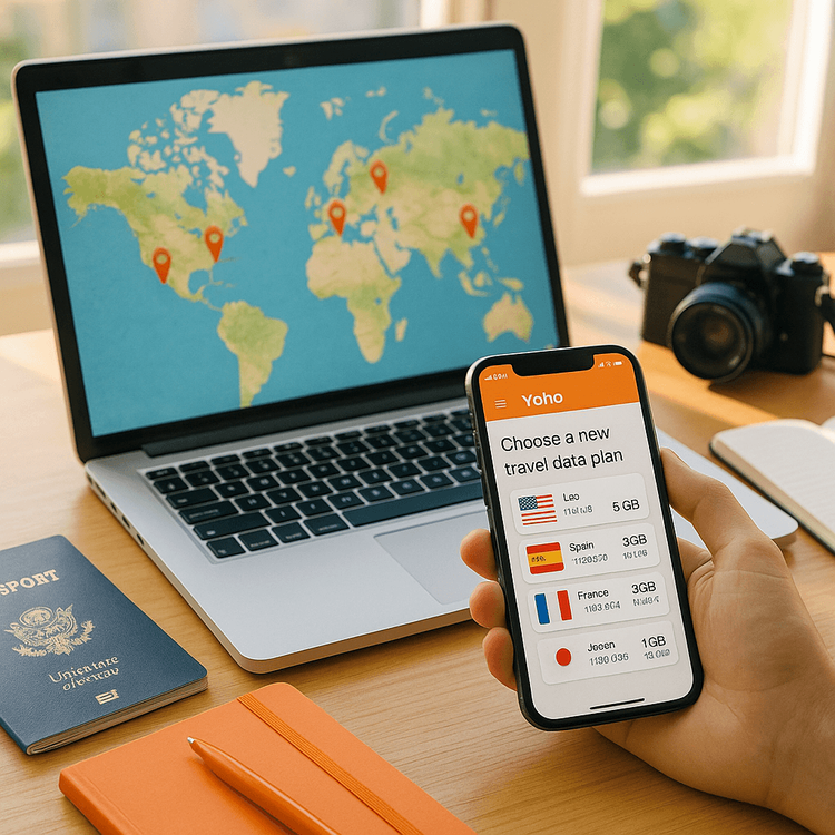 A traveler planning their next trip using the Yoho Mobile app on their smartphone to select a new eSIM data plan.