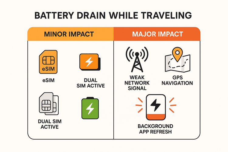 Un'infografica che mostra come un segnale di rete debole consumi più batteria rispetto all'uso di una eSIM o di una dual SIM.