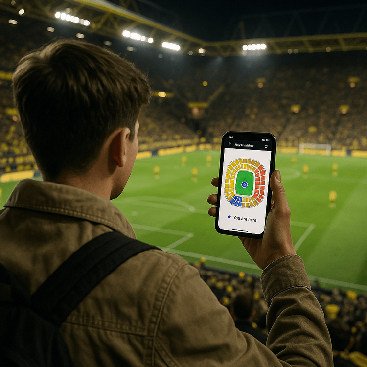 A football fan using a Yoho Mobile eSIM on their phone to navigate inside Signal Iduna Park during a match.