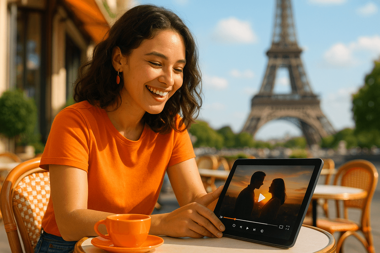 A happy traveler streaming a movie on her tablet at a cafe in Paris, demonstrating the freedom of bypassing geoblocking.