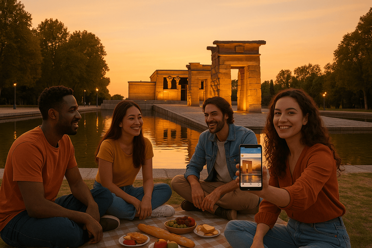 Friends enjoying the sunset at Templo de Debod in Madrid, staying connected with their phones.