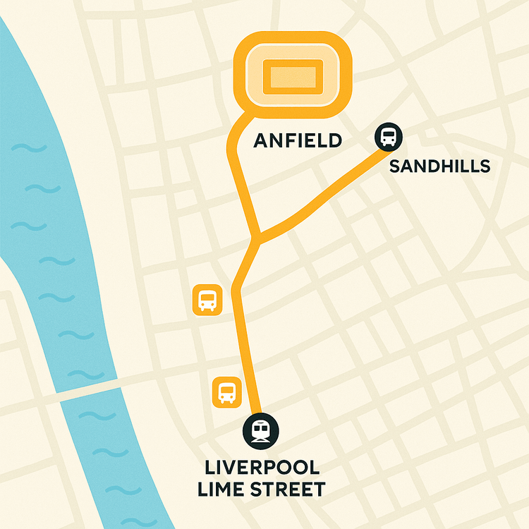 Map of transportation routes to Anfield Stadium in Liverpool for match day.