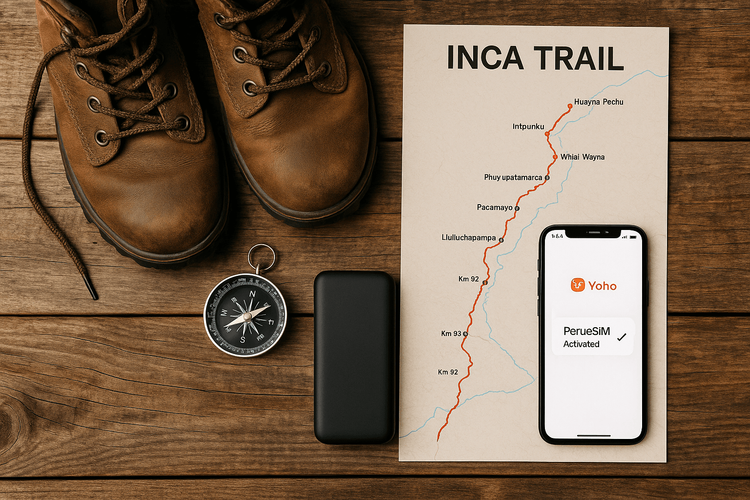 Essential hiking gear for the Inca Trail, including a smartphone with an activated Yoho Mobile eSIM for Peru.