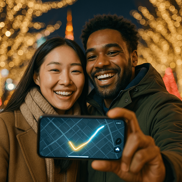 A couple happily taking a selfie with their smartphone using an eSIM for navigation amidst Tokyo's Christmas lights.