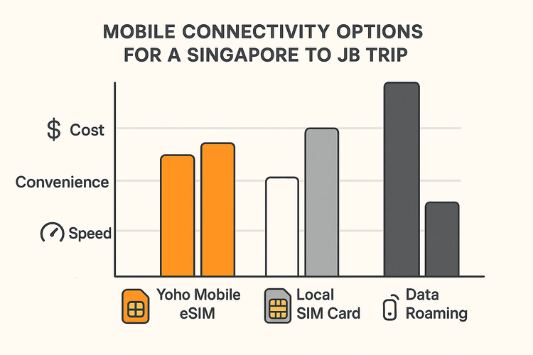 A comparison chart showing the benefits of Yoho Mobile eSIM over local SIM cards and data roaming for cost, convenience, and speed on a Singapore to Johor Bahru trip.