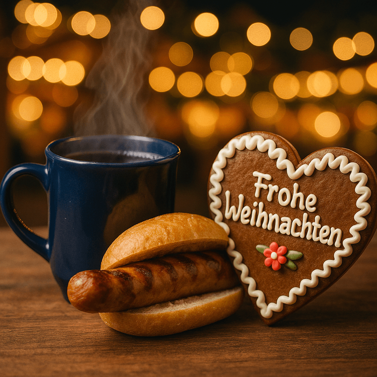 A delicious spread of traditional German Christmas market food including Glühwein and Bratwurst.