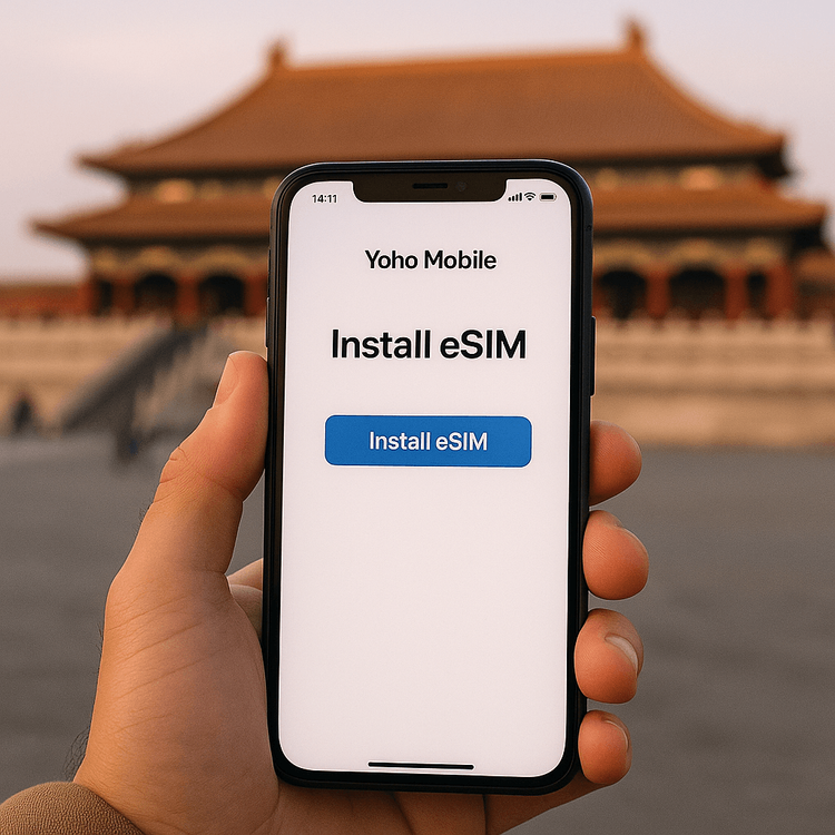 Illustrating the simple one-click eSIM installation process for iOS users with Yoho Mobile before a trip to China.
