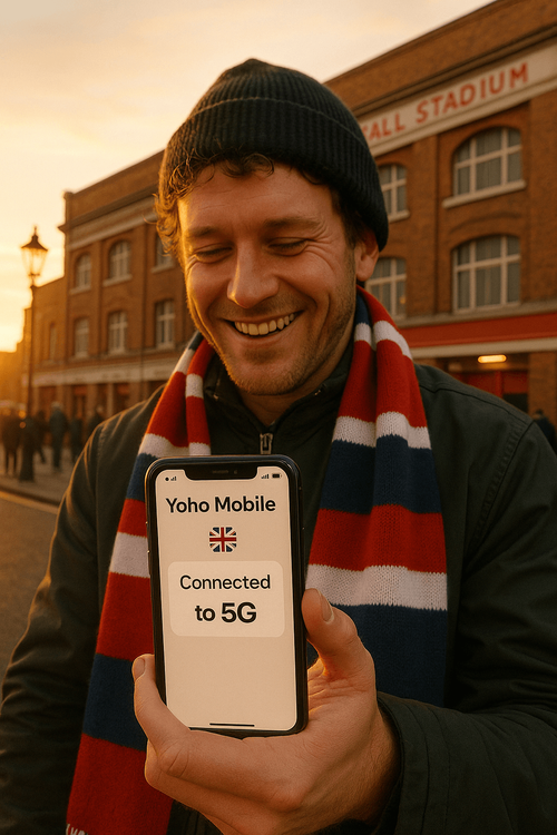 A football fan uses their phone with a Yoho Mobile eSIM connection outside a London stadium.
