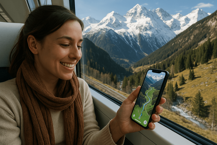 A traveler enjoying seamless mobile data connectivity with her eSIM while on a train journey through the Swiss Alps.
